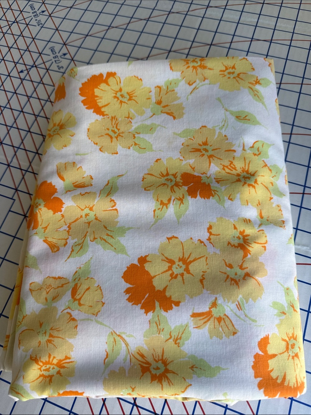 Vintage 1970s Penneys Floral Fabric Double Flat Sheet Orange Yellow Cotton Poly